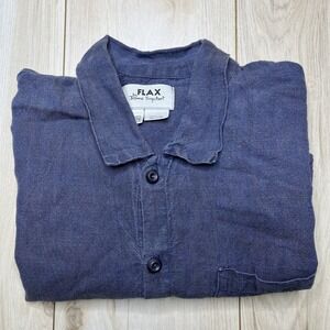 FLAX by Jeanne Engelhart Blue Linen Short Sleeve Button Up Top Women's Petite